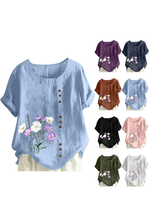 Women's Plus Size Linen Tops Floral Print Casual Summer Short Sleeve Blouses Oversized Crew Neck Tshirt Sales of Today Black XXXL