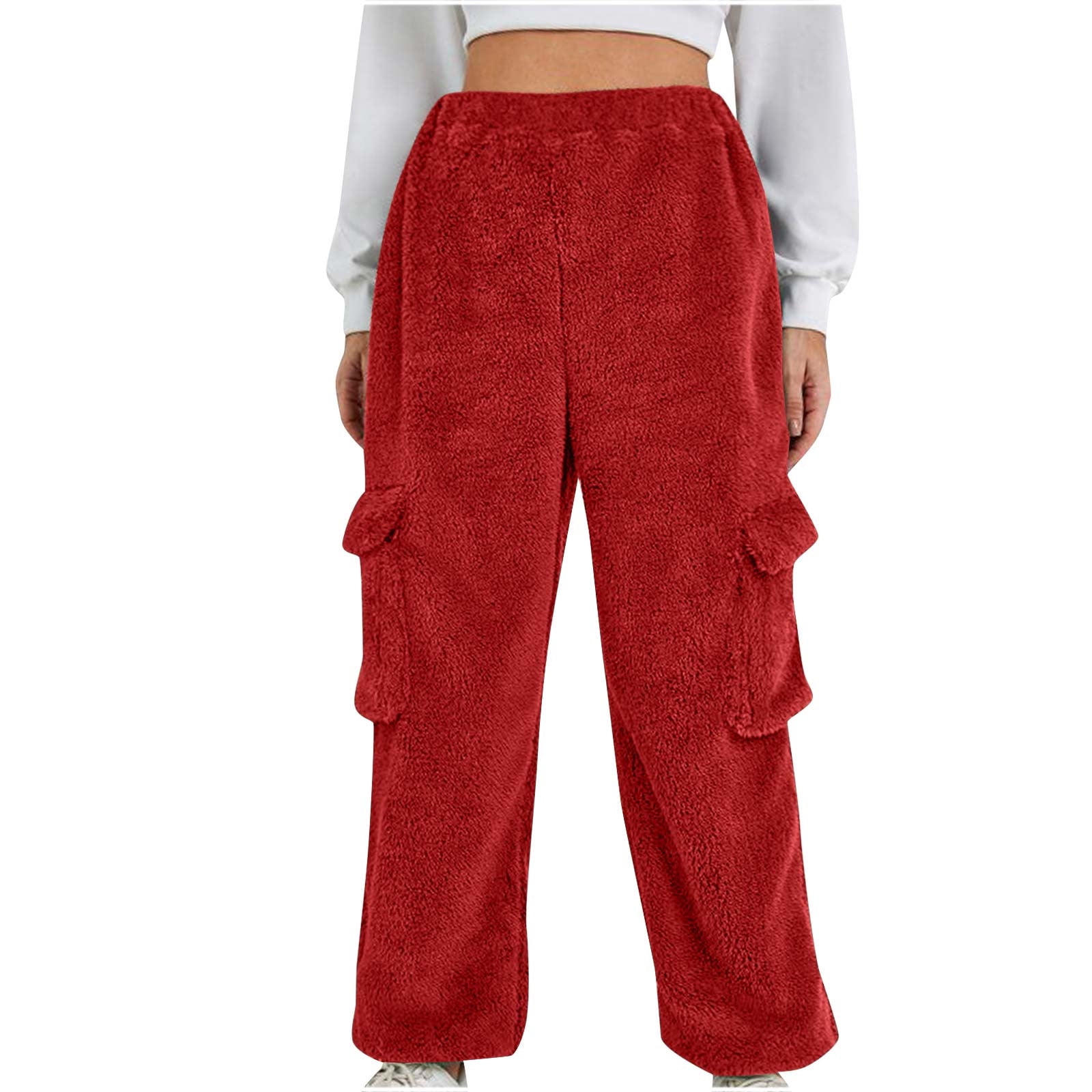 DDAPJ pyju Women s Plush Cargo Pants Fuzzy Fleece Sweatpants