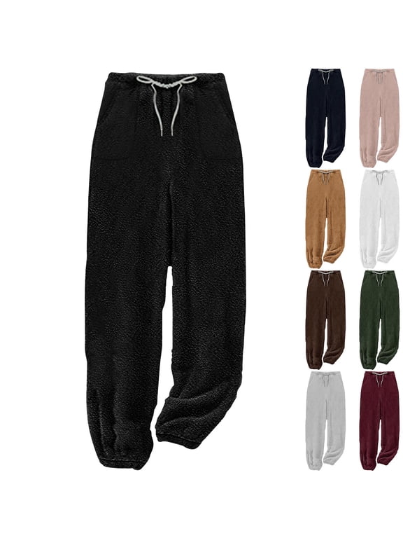 Women's Plush Fluffy Pajama Pants Winter Warm Fuzzy Fleece Lounge Bottoms Drawstring High Waisted Sleep Pants with Pockets Pink L