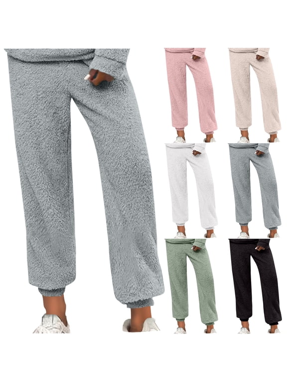 Women's Plush Fuzzy Pajama Pants Fleece Pajama Bottoms Plus Size Lounge Pants Fluffy Sleepwear Beige XXXXXL