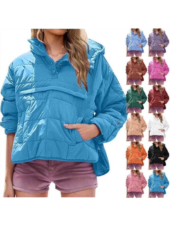 Women's Quilted Pullover Puffer Jacket Warm Winter Hoodies Trendy Casual Down Coat with Pockets Green M