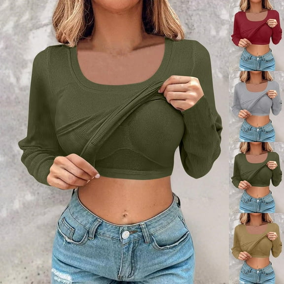 DDAPJ pyju Women's Ribbed Knit Shirts Built-in Shelf Bra Long Sleeve Square Neck T Shirt Slim Fit Casual Basic Tops Gray M