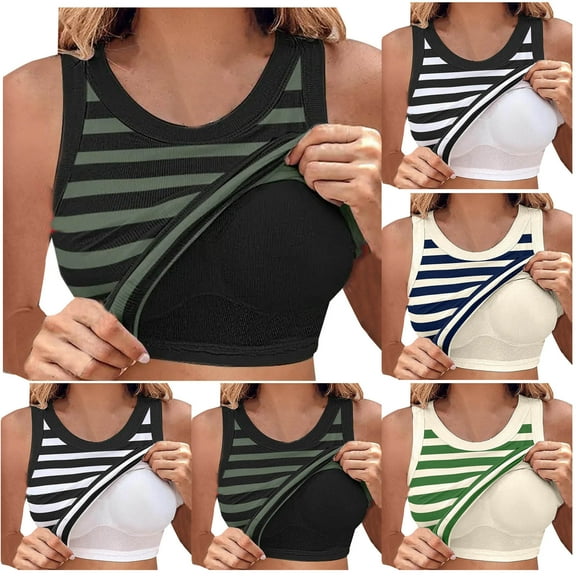 DDAPJ pyju Women's Ribbed Tank Top Sleeveless Stripe Print T Shirt Summer Casual Camisole with Bulit in Bra Sales of Today Green XL