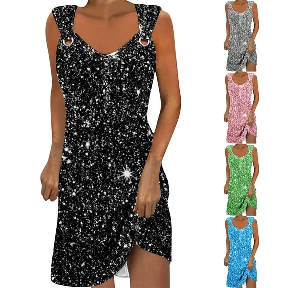 DDAPJ pyju Women's Sequin Dress Sparkly Glitter V-Neck Sleeveless Party Club Cocktail Tank Dress Party Prom Mini Dresses Blue XXL