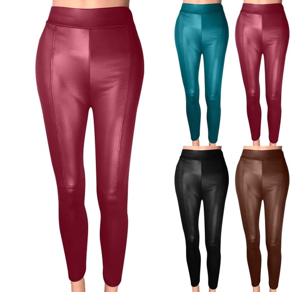 DDAPJ pyju Women's Shiny Faux Leather Yoga Pants, High Waisted Tummy Control Casual Leggings Wine S