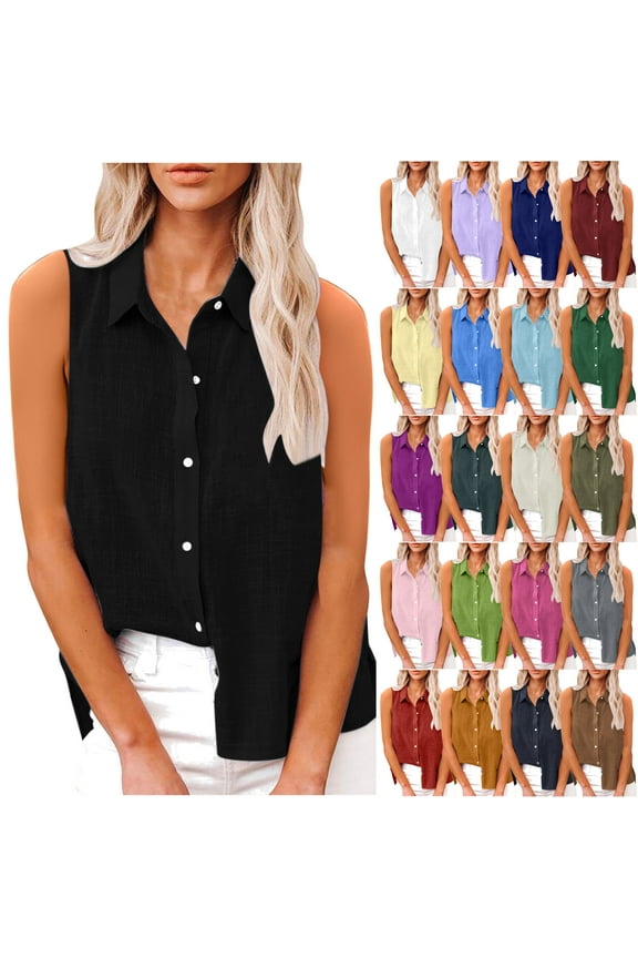Women's Sleeveless Button Down Shirts Cotton Linen Work Blouses Solid Casual Loose V Neck Tank Tops Sales of the Day Pink S
