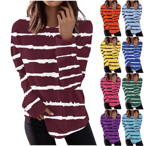 DDAPJ pyju Women's Striped Sweatshirts Fall Fashion Side Slit Pullover Tops Loose Casual Crewneck Sweatshirt