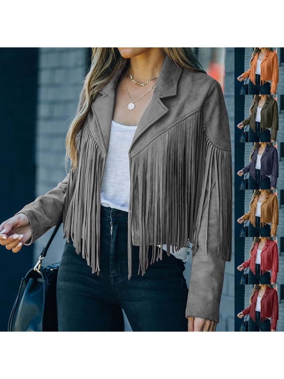 Women's Suede Fringe Jacket Casual Style Open Front Cropped Tassel Jacket for Women Trendy Outerwear Wine M