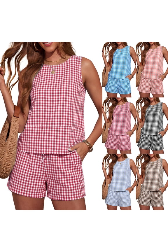 Women's Summer 2 Piece Outfits Plaid Print Sleeveless Tank Top Shorts Beach Vacation Set with Pockets Brown L