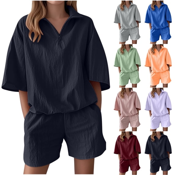 DDAPJ pyju Women's Summer 2 Piece Set Half Zip Short Sleeve Top and Baggy Shorts Set Solid Casual Sweatsuit Purple S