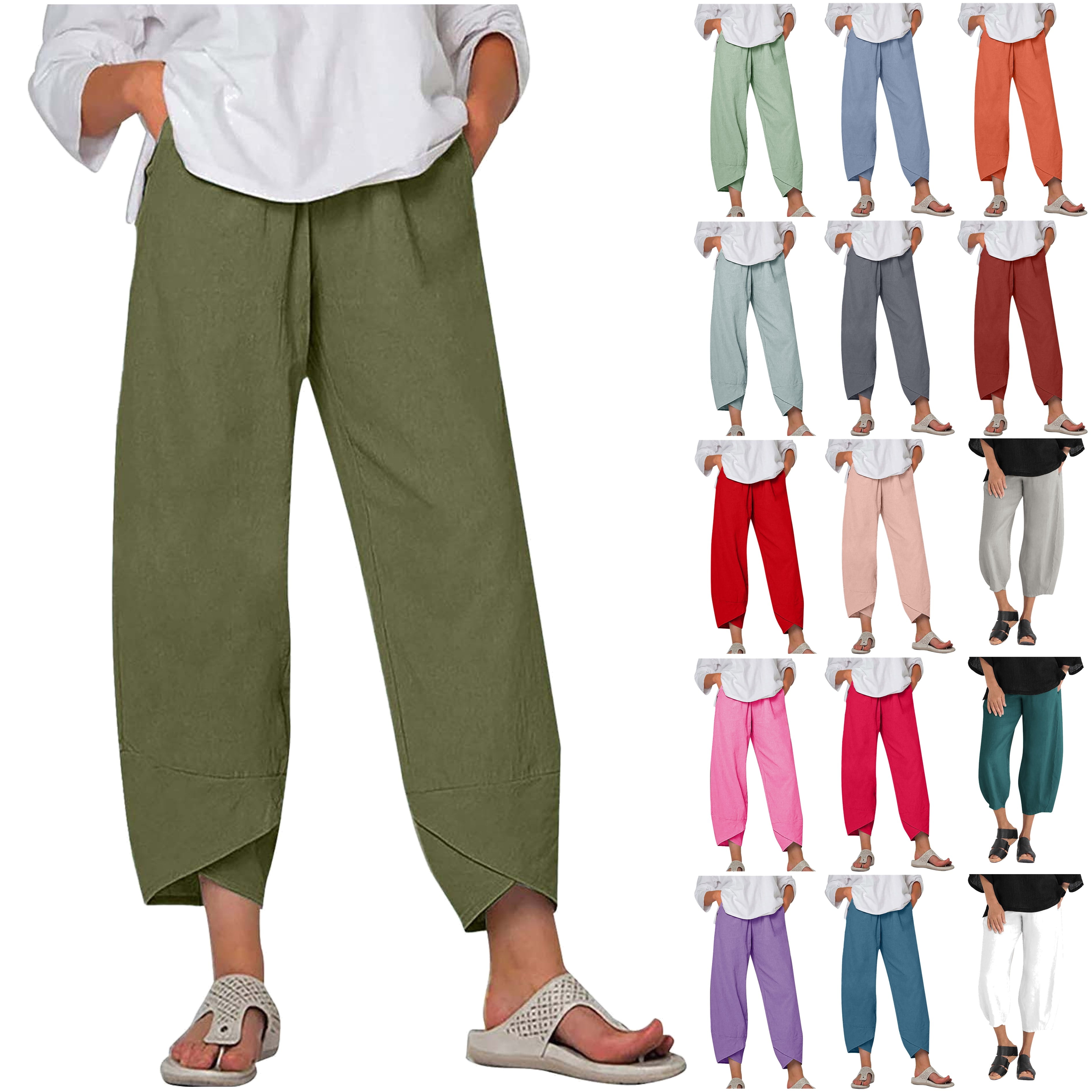 DDAPJ pyju Women's Summer Pants Elastic Waist Cotton Linen Tulip Hem ...