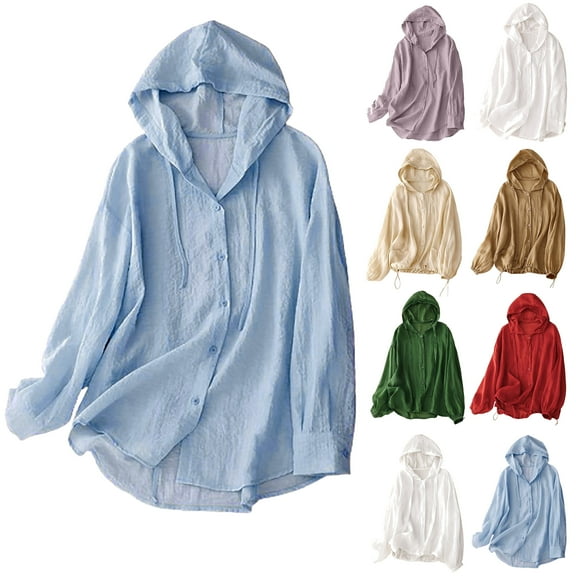 DDAPJ pyju Women's Sun Protection Hoodie Long Sleeve Cotton Linen Shirt Jacket Lightweight Beach Swimsuit Cover Up Shirts Blue M