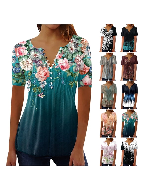 Women's Tunic Tops Short Sleeve Henley Pleated Blouse Loose Fit Summer Shirts for Leggings Black XXL