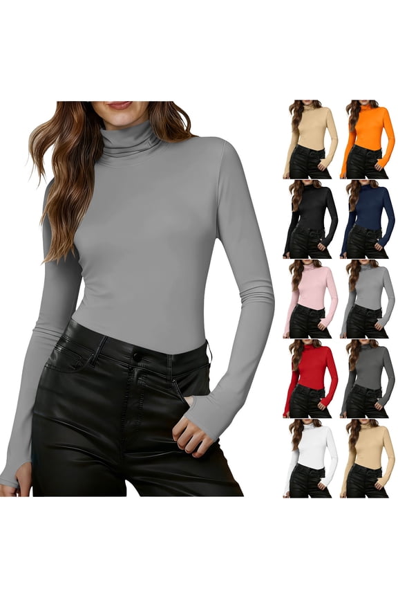 Women's Turtleneck T-Shirt Long Sleeve Mock Neck Base Layer Tops Stretch Slim Fit Undershirts with Thumb Holes Black M