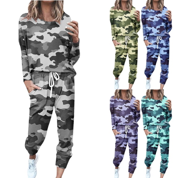 DDAPJ pyju Women's Two Piece Outfits Camouflage Sweatsuits Set Long Sleeve Pullover Tops and Jogger Sweatpants Tracksuit Lounge Sets Mint Green S