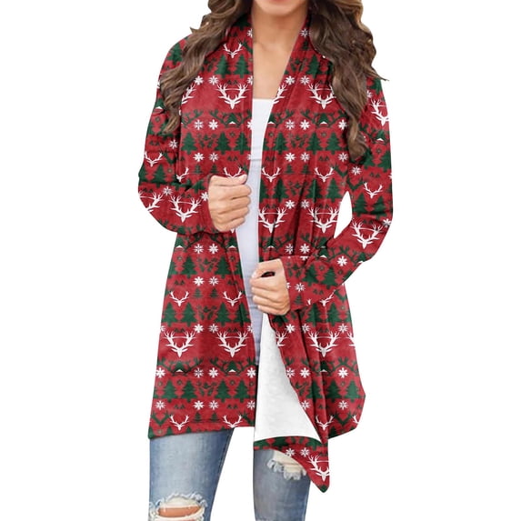 DDAPJ pyju Women's Ugly Christmas Cardigan Xmas Tree Snowflake Print Open Front Long Sleeve Holiday Cardigans Top Multicolor S