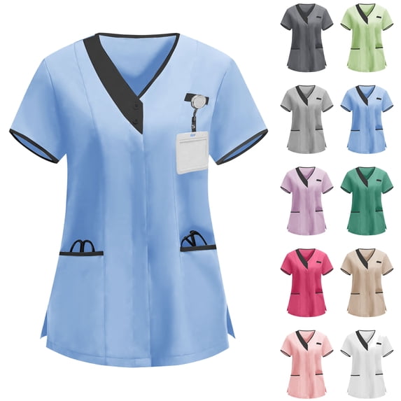 DDAPJ pyju Women's V-Neck Scrub Top with Button Front V Neck Short Sleeve Scrubs Shirt Nurse Work Uniforms Dark Gray S