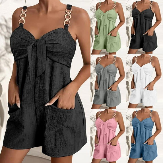 DDAPJ pyju Women's V Neck Sleeveless Romper Summer Casual Loose Spaghetti Strap Short Overalls Summer Jumpersuit with Pockets on Sale Black L