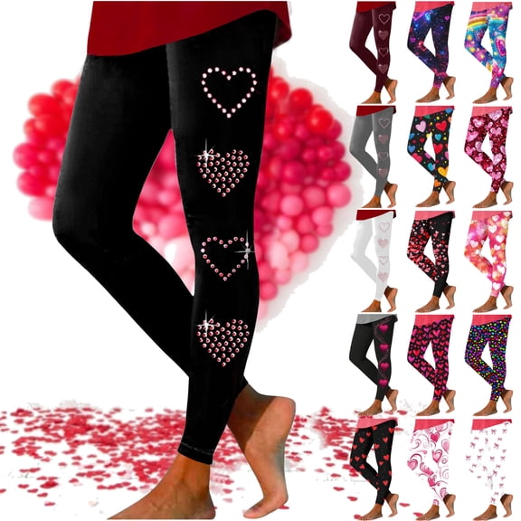 DDAPJ pyju Women's Valentine Day Leggings Heart Printed Stretch Legging Tights Buttery Soft Ankle Length Yoga Pants Today's Sales Multicolor#9 L