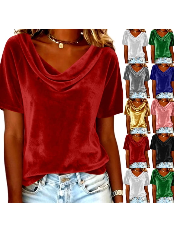 Women's Velvet Cowl Neck Short Sleeve Top Draped Casual Dressy Blouse Summer Trendy Velour Shirts Gray XXL