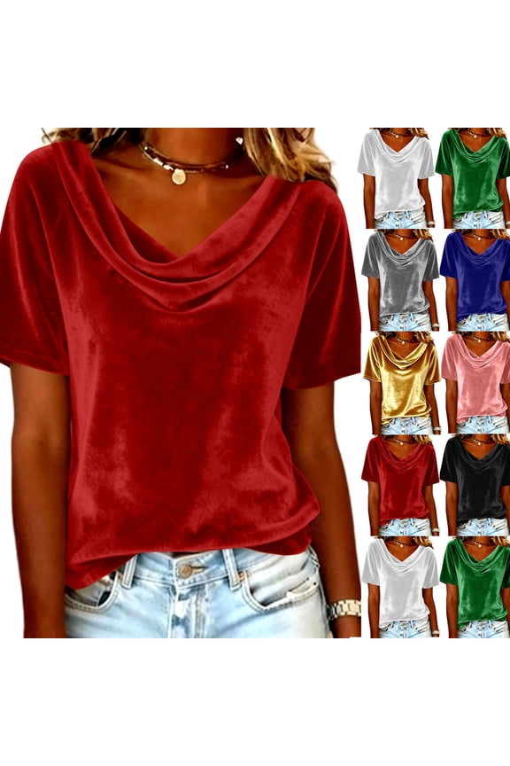 Women's Velvet Cowl Neck Short Sleeve Top Draped Casual Dressy Blouse Summer Trendy Velour Shirts Purple L