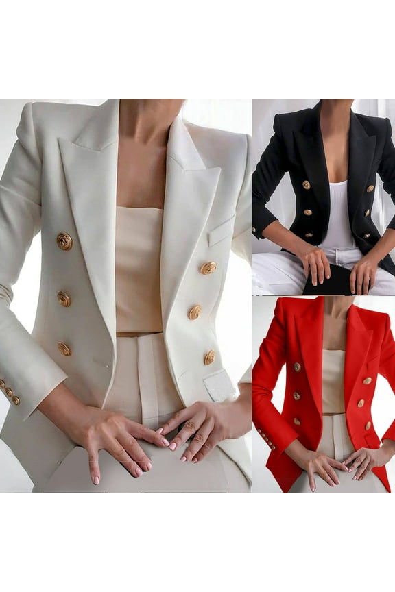Women's Vintage Double Breasted Blazer Jacket Gold Button Long Sleeve Work Office Blazers Notched Lapel Open Front Suit Jackets with Pockets Coffee XXL