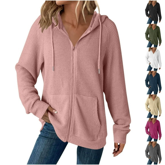 DDAPJ pyju Women's Waffle Knit Jacket Full Zip Up Hoodies Long Sleeve Casual Sweatshirt Hooded Coat Fall Tops with Pockets Navy XXL