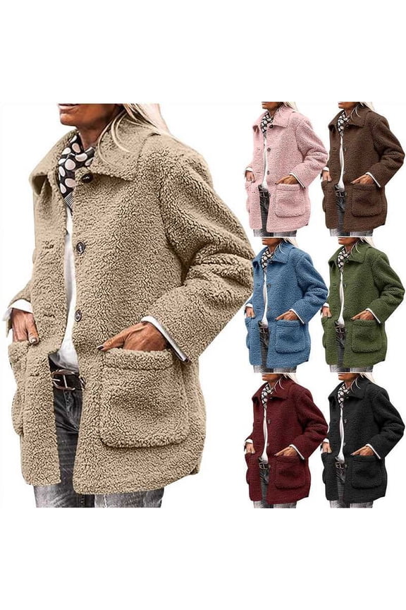 Women's Warm Winter Coats Casual Long Sleeve Button up Fuzzy Sherpa Fleece Jackets Outerwear Navy XL