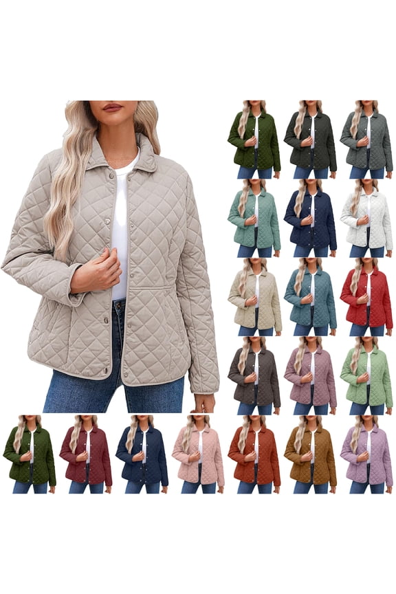 Women's Winter Casual Quilted Jackets Long Sleeve Button Down Puffer Jacket Padded Outerwear Coats White M