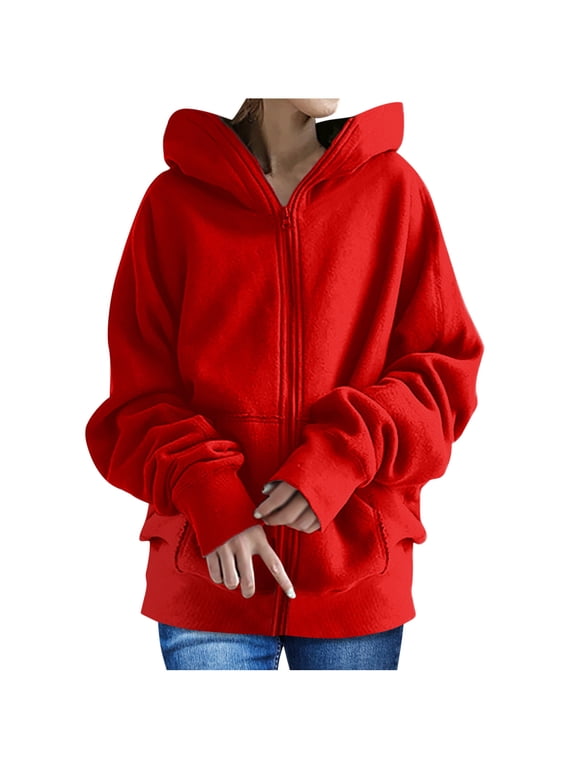 Women's Zip Up Hoodie,Long Sleeve Solid Color Basic Hooded Sweatshirts Plus Size Soft Comfy Sweatshirt Coat Fleece Lined Casual Drawstring Jacket with Pockets