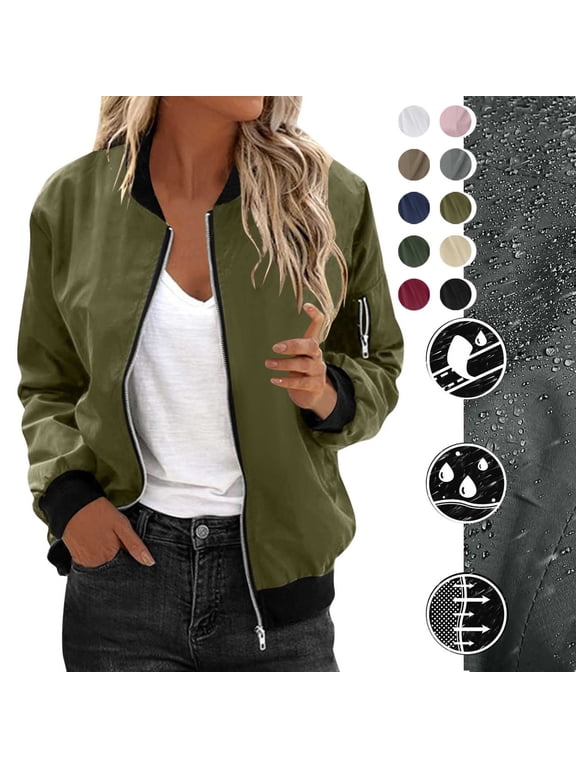 Women's Zip Up Bomber Jacket Lightweight Short Outwear Tops Outdoor Waterproof Windbreaker with Pockets Brown L