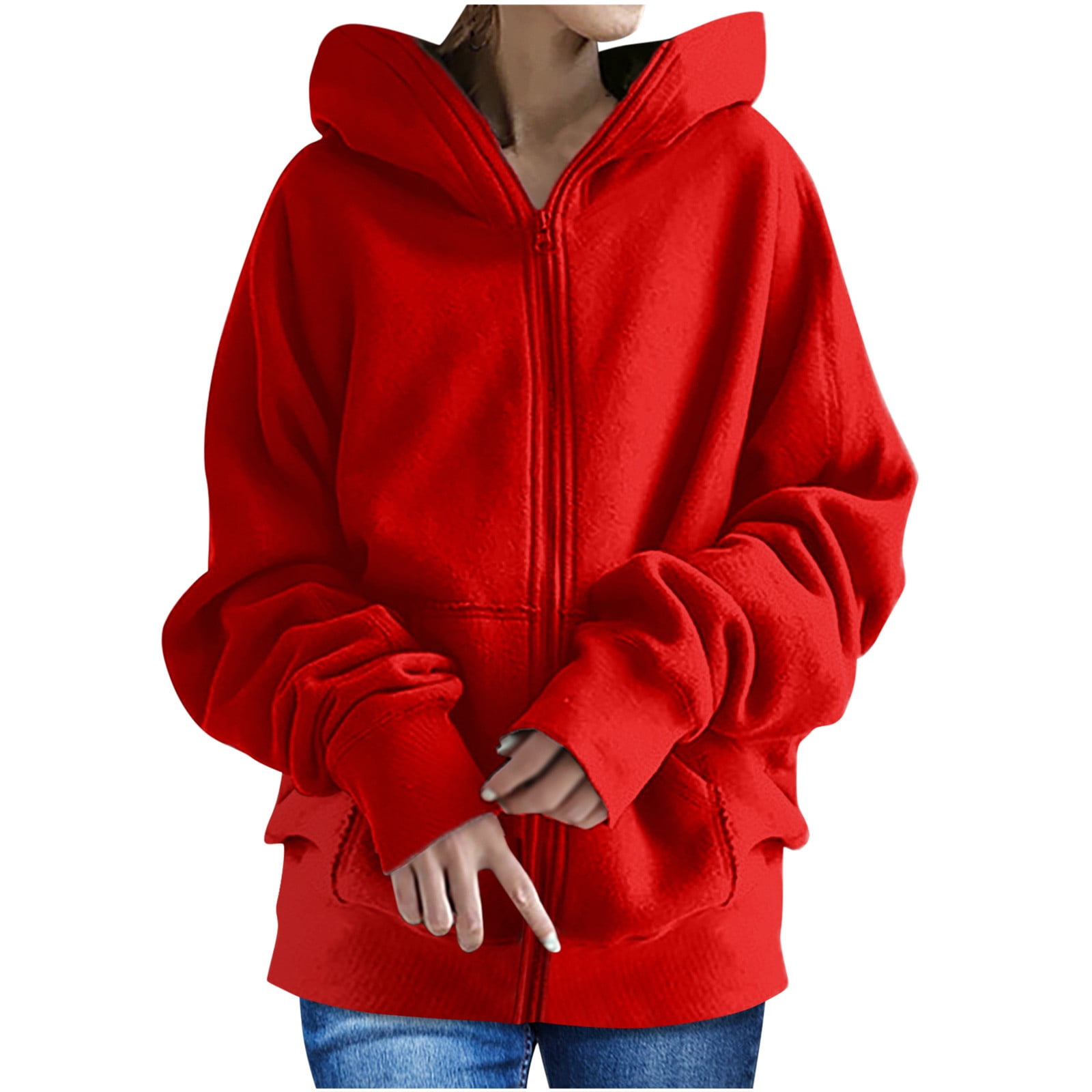 DDAPJ pyju Women's Zip Up Hoodie,Long Sleeve Solid Color Basic Hooded ...