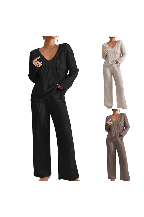 Womens 2 Piece Lounge Outfits Ribbed Knit Long Sleeve V Neck Pullover Wide Leg Pants Matching Loungewear Set Cozy Knitted Sleepwear Coffee L