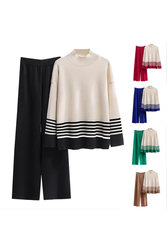Womens 2 Piece Outfits Knit Lounge Set 2025 Trendy Striped Mock Neck Sweater Wide Leg Pants Matching Set Cozy Knit Sets Red S