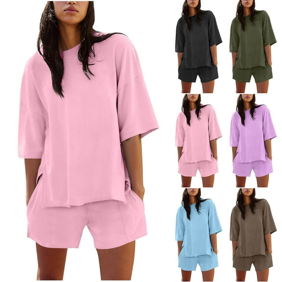 DDAPJ pyju Womens 2 Piece Outfits Summer Casual Sweatsuit Oversized Short Sleeve Side Slit Tops and Shorts Tracksuit Set with Pockets Ofertas de la semana Blue M