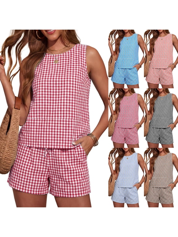 Womens 2 Piece Outfits Trendy Casual Checkered Top and Short 2pcs Set Plaid Lounge Sweatsuit Light Blue M