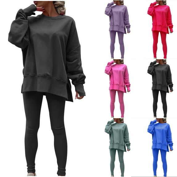 DDAPJ pyju Womens 2 Piece Sweatsuits Set Oversized Side Slit Pullover and Leggings Matching Sweat Set Solid Color Casual Jogging Tracksuit Back to College Sale Purple M
