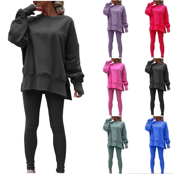DDAPJ pyju Womens 2 Piece Sweatsuits Set Oversized Side Slit Pullover and Leggings Matching Sweat Set Solid Color Casual Jogging Tracksuit Dark Gray M