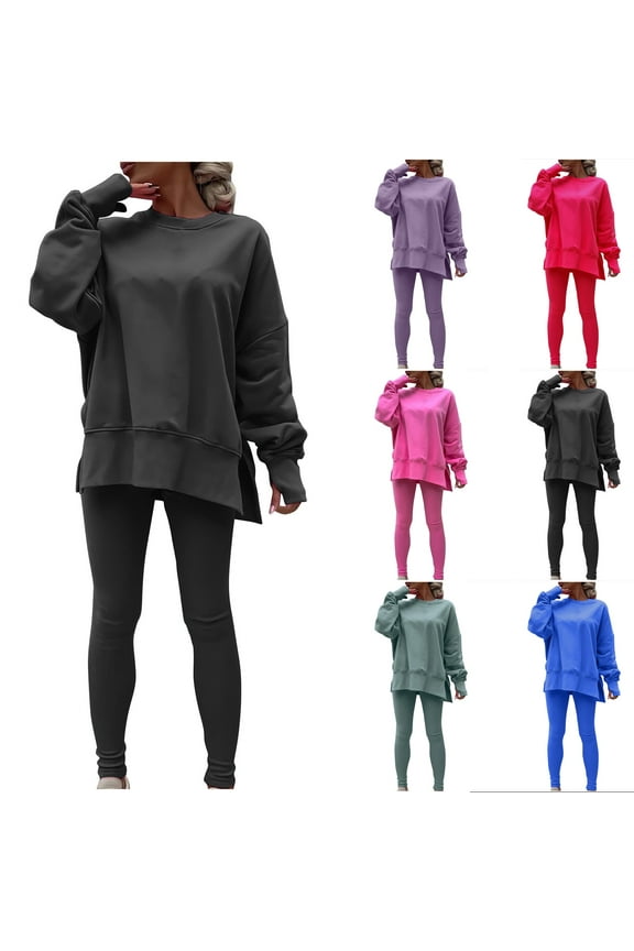 Womens 2 Piece Sweatsuits Set Oversized Side Slit Pullover and Leggings Matching Sweat Set Solid Color Casual Jogging Tracksuit Today's Clearance Sale Mint Green L
