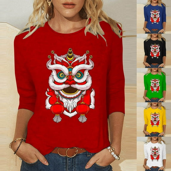 DDAPJ pyju Womens 3/4 Length Sleeve Tops Cute Lion Dance Graphic Tees Dressy Casual Round Neck Blouses Chinese New Year Themed T-shirt Flash Deals 2024 Black XL