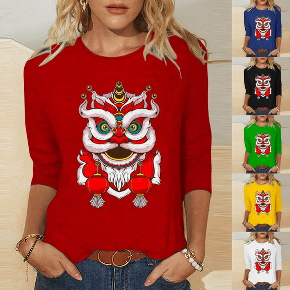 DDAPJ pyju Womens 3/4 Length Sleeve Tops Cute Lion Dance Graphic Tees Dressy Casual Round Neck Blouses Chinese New Year Themed T-shirt White L