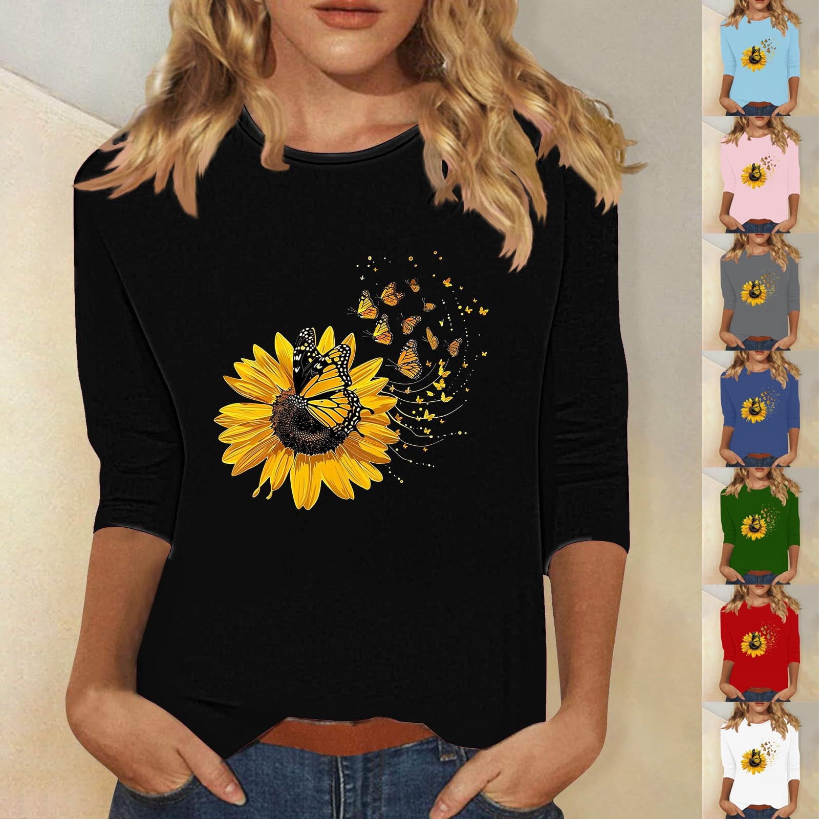 Tops Femme Manches 3/4 Décontractés - T-Shirts Amples Col Rond Basiques Été Printemps