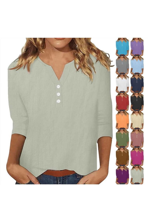 Womens 3/4 Sleeve T-Shirts V Neck Buttons Tops Solid Color Basic Tee Blouse Cotton Linen Casual Summer Shirts Red M