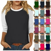 DDAPJ PYJU Womens 3/4 Sleeve T-shirts Color Block Casual Round Neck Blouse Shirt Raglan Baseball Tees Lightweight Exercise Tops Light Blue XL