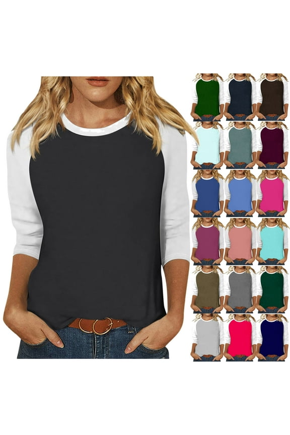 Womens 3/4 Sleeve T-shirts Color Block Casual Round Neck Blouse Shirt Raglan Baseball Tees Lightweight Exercise Tops Light Blue XL