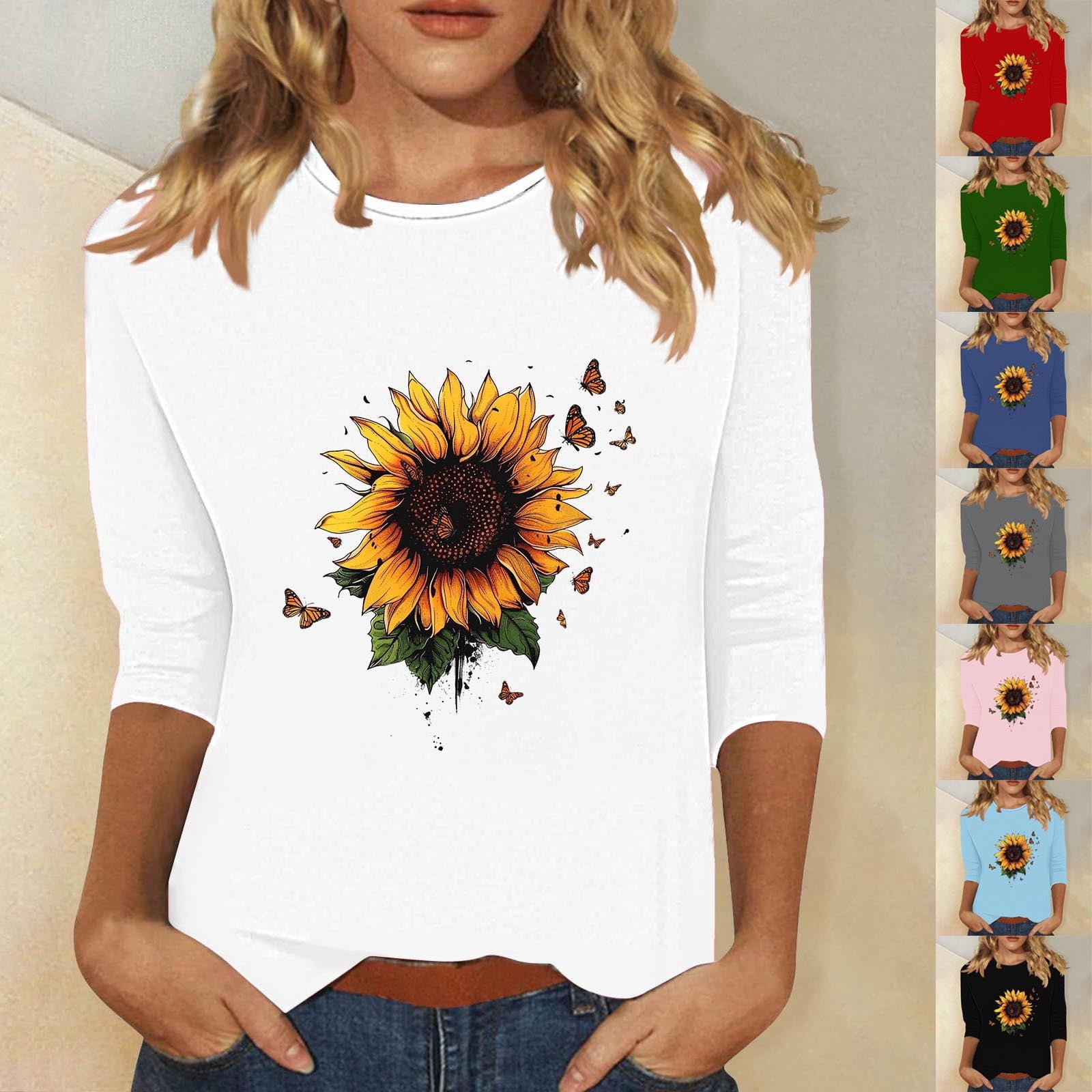 WHITE SUN FLOWER PRINTED THREE QUARTER SLEEVE SIDE POCKET T-SHIRT  FOR WOMEN'S main image 0
