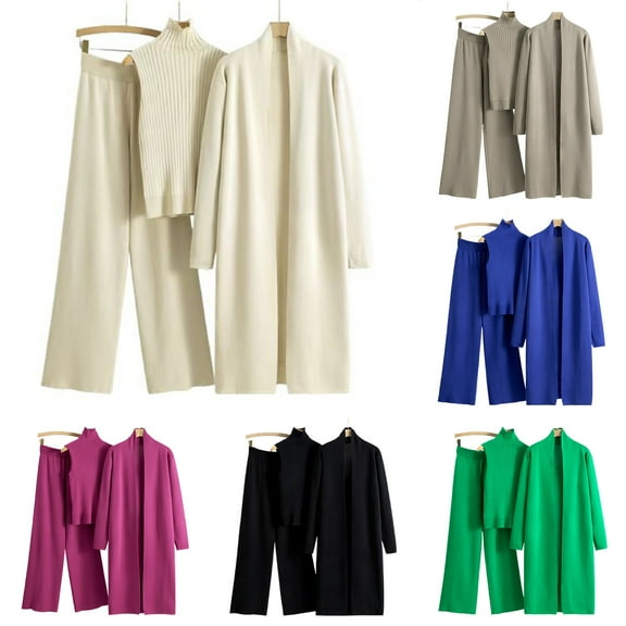 DDAPJ pyju Womens 3 Piece Knit Lounge Set Open Front Long Sleeve Cardigan Coat Turtleneck Sleeveless Sweater Wide Leg Pants Matching Sets Fall Fashion Outfits Green Free Size