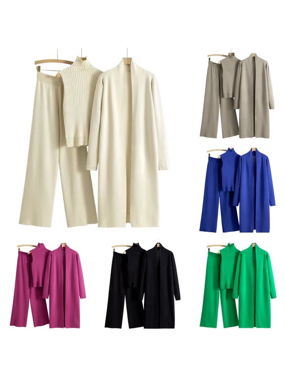 Womens 3 Piece Knit Lounge Set Open Front Long Sleeve Cardigan Coat Turtleneck Sleeveless Sweater Wide Leg Pants Matching Sets Fall Fashion Outfits Beige Free Size