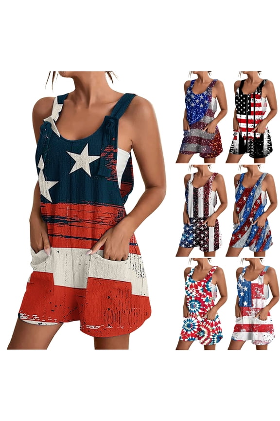 Womens American Flag Short Jumpsuits 4th of July Patriotic Sleeveless Rompers Casyak Summer Shorts Overalls with Pockets Today's Sales Gray M