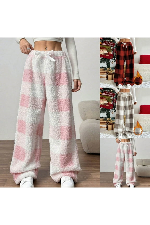 Womens Baggy Pajama Pants Fuzzy Fleece Lounge Pants Plaid Pj Bottoms Soft Cozy Plush Sleepwear Black M